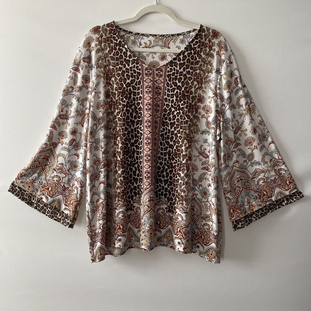 Chico's Floral Paisley Animal Print 3/4 Sleeve Top Women Est Size 3, US XL-dmpv